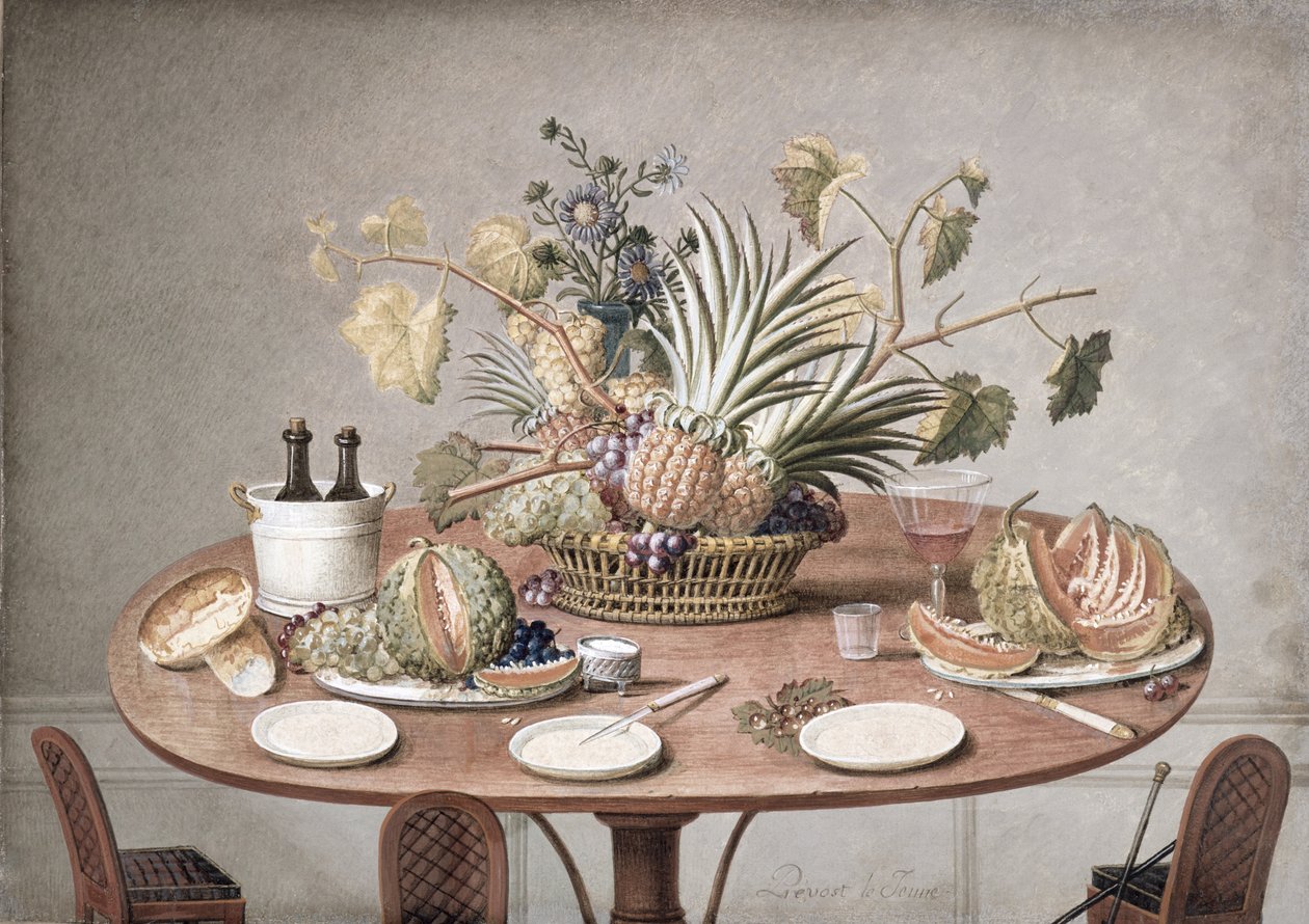 Stilleven van een tafel met bloemen en fruit, ca. 1810 door Jean Louis Prevost