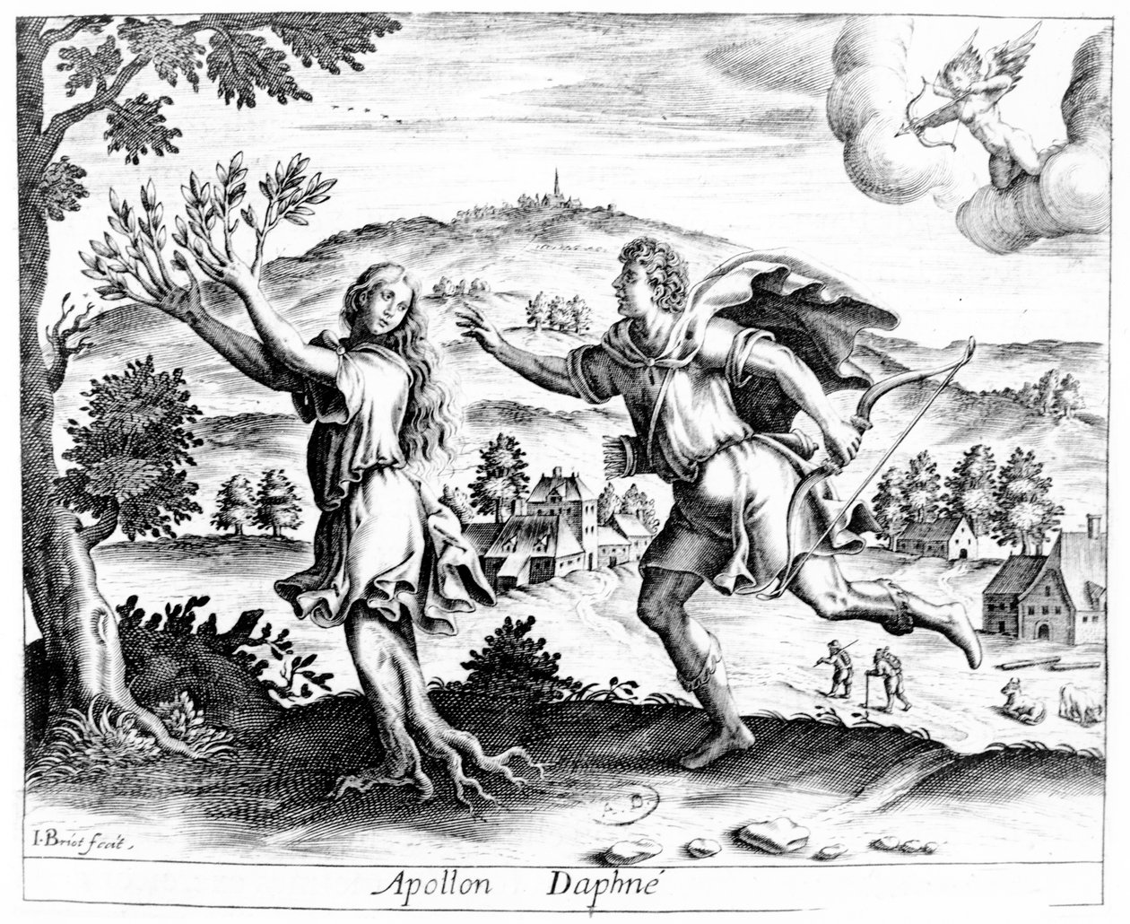 Daphne, op de vlucht voor de verliefde Apollo, wordt getransformeerd in een laurierboom, 1619 door Jean Matheus