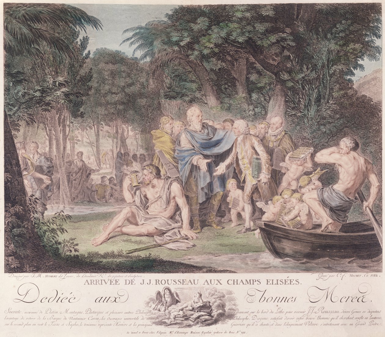 Aankomst van Jean-Jacques Rousseau (1712-78) in de Elyseïsche Velden, 1782 door Jean Michel the Younger Moreau