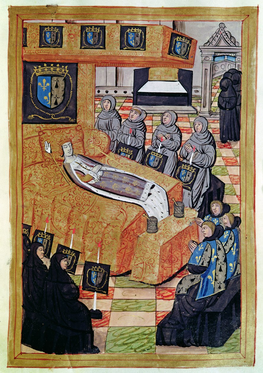Fol.12r De Hertogin Koningin op haar Sterfbed, uit het Verslag van de Begrafenis van Anne van Bretagne (1477-1514) 1515 door Jean Perreal