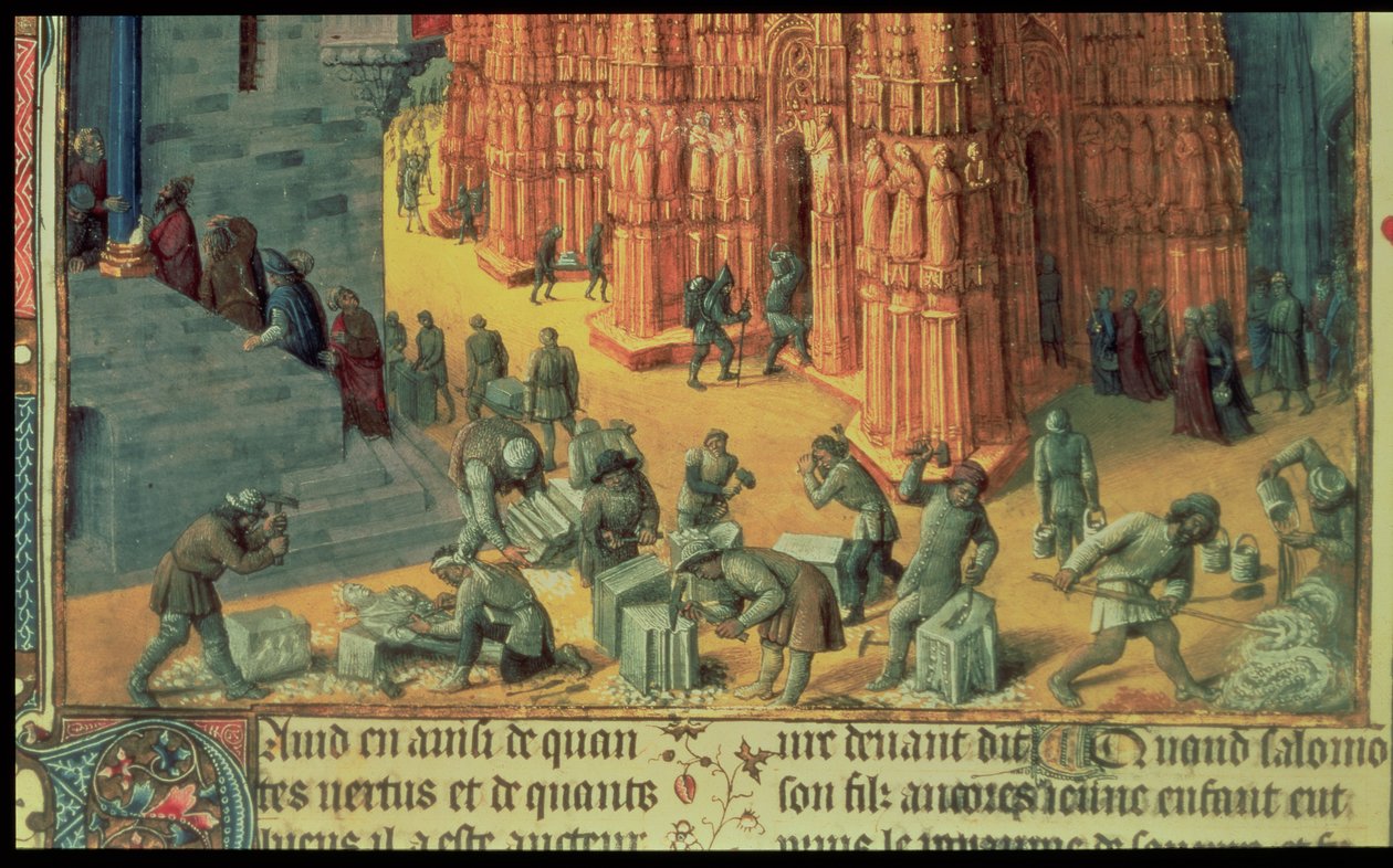 De Bouw van de Tempel van Jeruzalem, detail met metselaars aan het werk, illustratie uit 