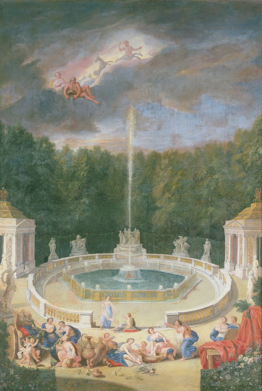 De bossen van Versailles. Uitzicht op het bos van koepels met nimfen die de wagen van Apollo versieren met bloemen door Jean the Younger Cotelle