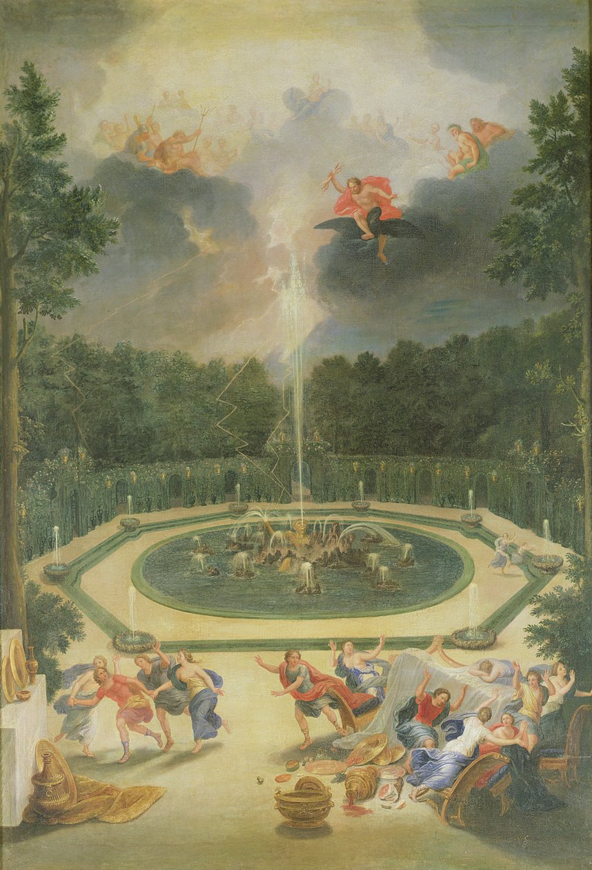 De Bossen van Versailles. Uitzicht op de Fontein van Enceladus met het Feest van Lycaon door Jean the Younger Cotelle