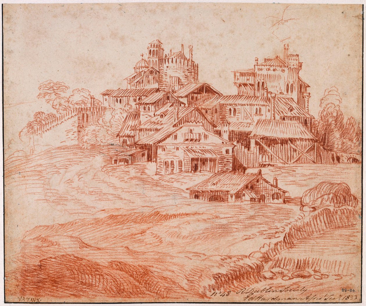 Befestigtes Dorf mit Burg, Bergfried und Kirche door Jean-Antoine Watteau