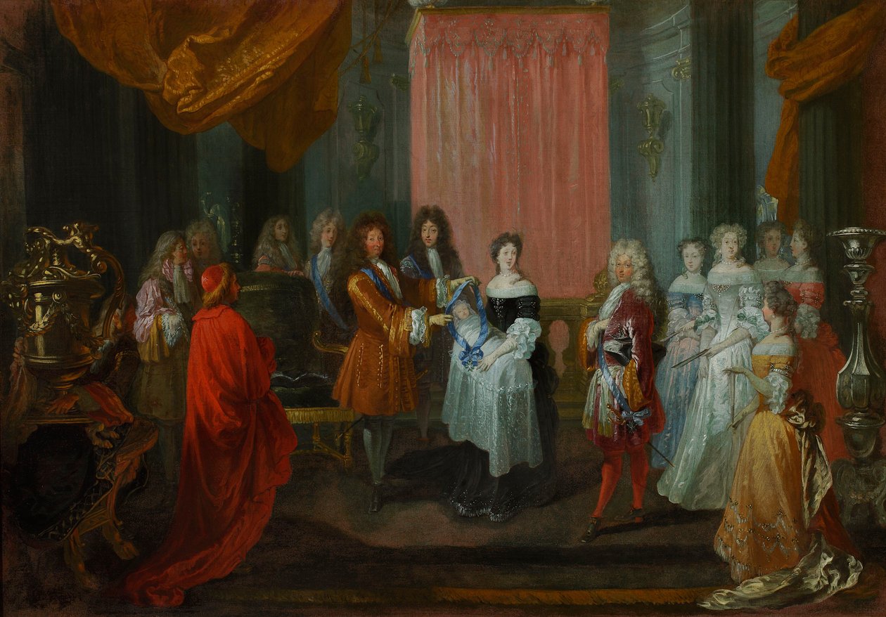 Lodewijk XIV onderscheidt de hertog van Bourgondië, de vader van de toekomstige Lodewijk XV, met de Orde van het Cordon Bleu. door Jean-Antoine Watteau