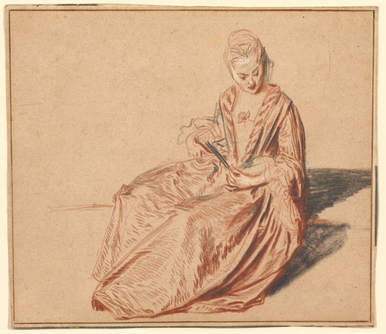 Zittende vrouw met een waaier door Jean-Antoine Watteau