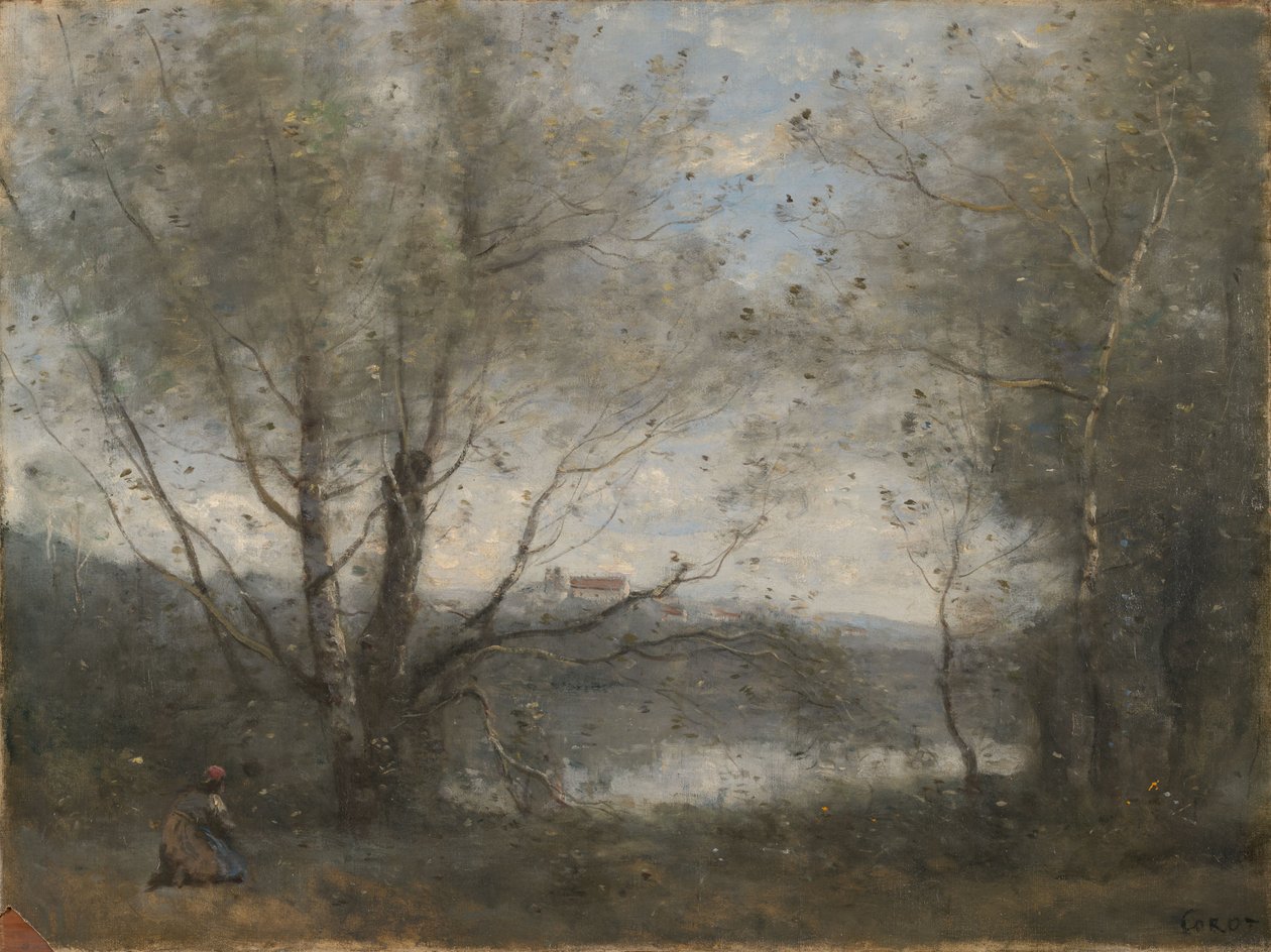 Een vijver gezien door de bomen door Jean-Baptiste-Camille Corot