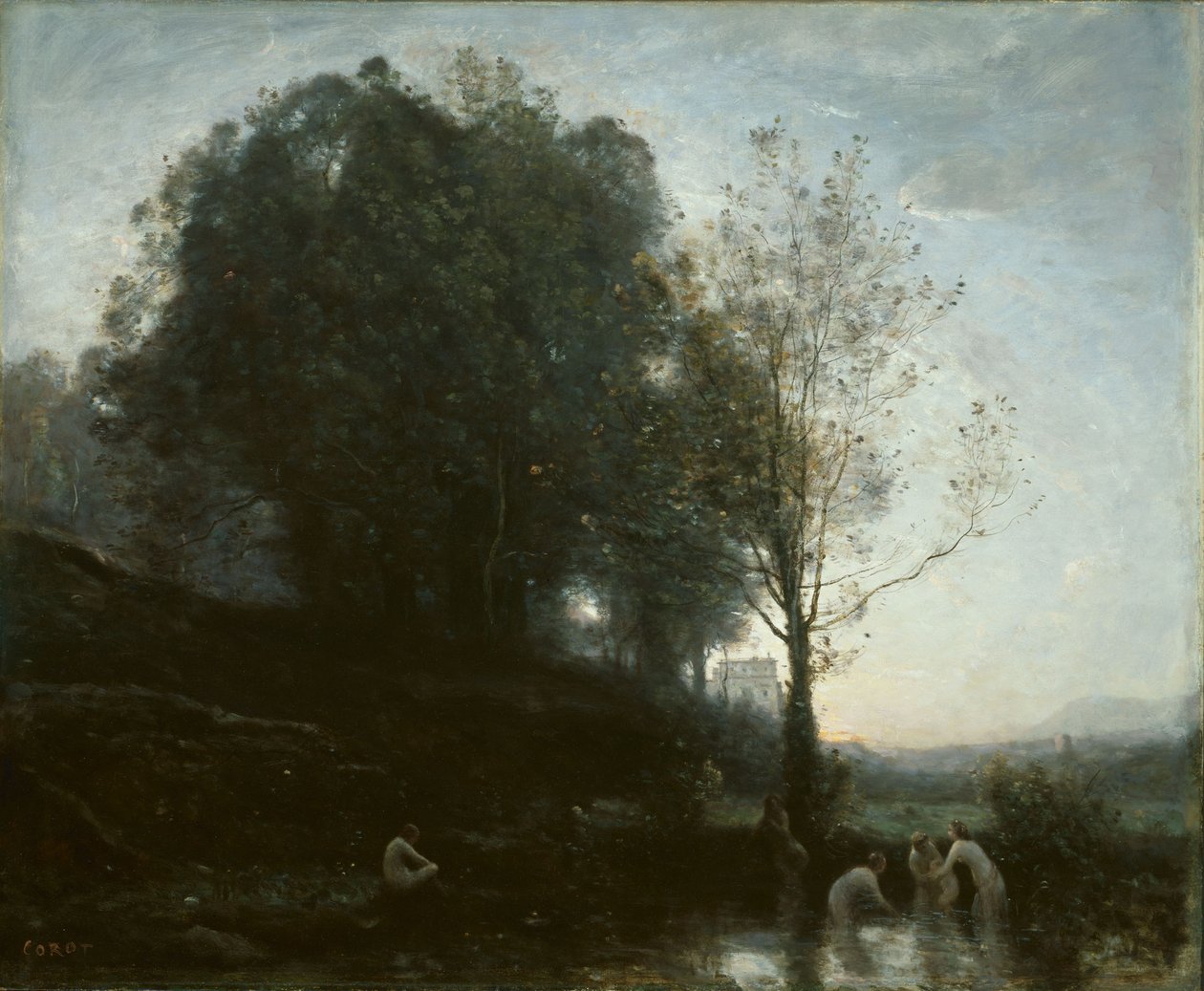 Badende nimfen en kind door Jean-Baptiste-Camille Corot