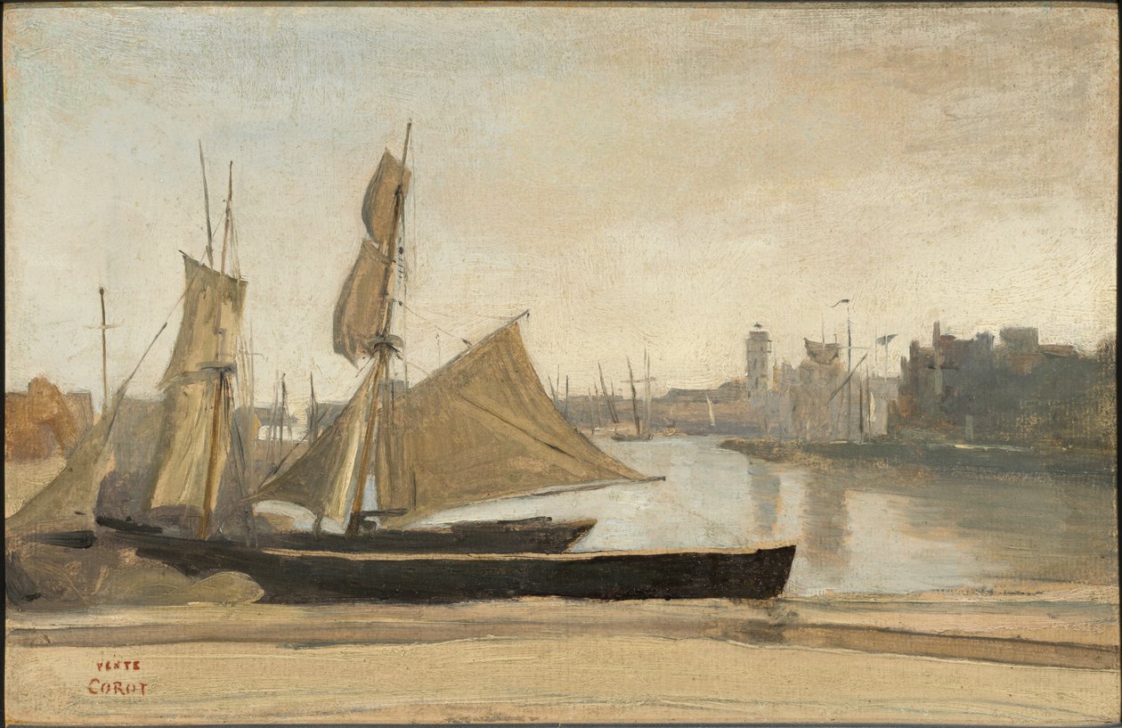 Duinkerke, vissersboten afgemeerd aan de kade door Jean-Baptiste-Camille Corot