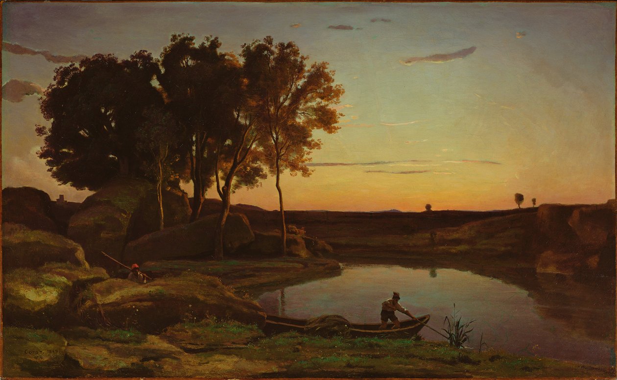Landschap met meer en schipper door Jean-Baptiste-Camille Corot