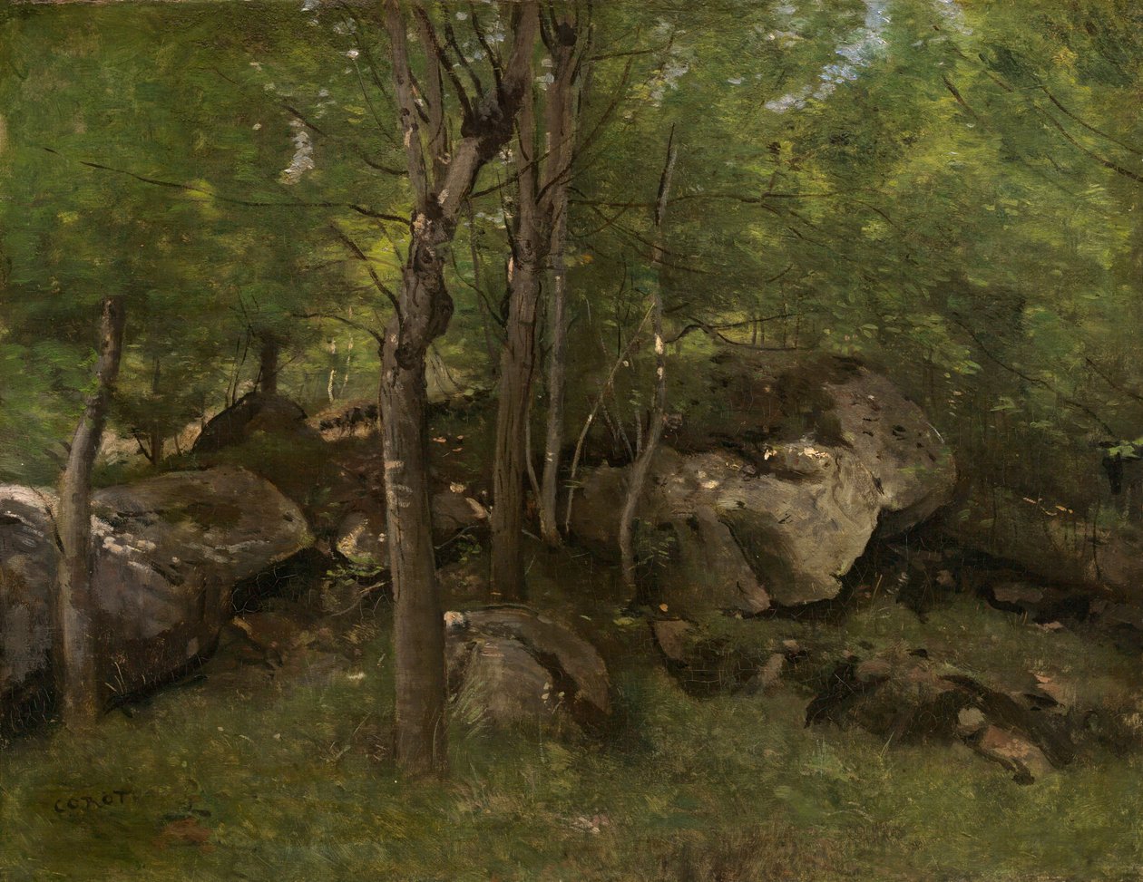 Rotsen in het Bos van Fontainebleau door Jean-Baptiste-Camille Corot