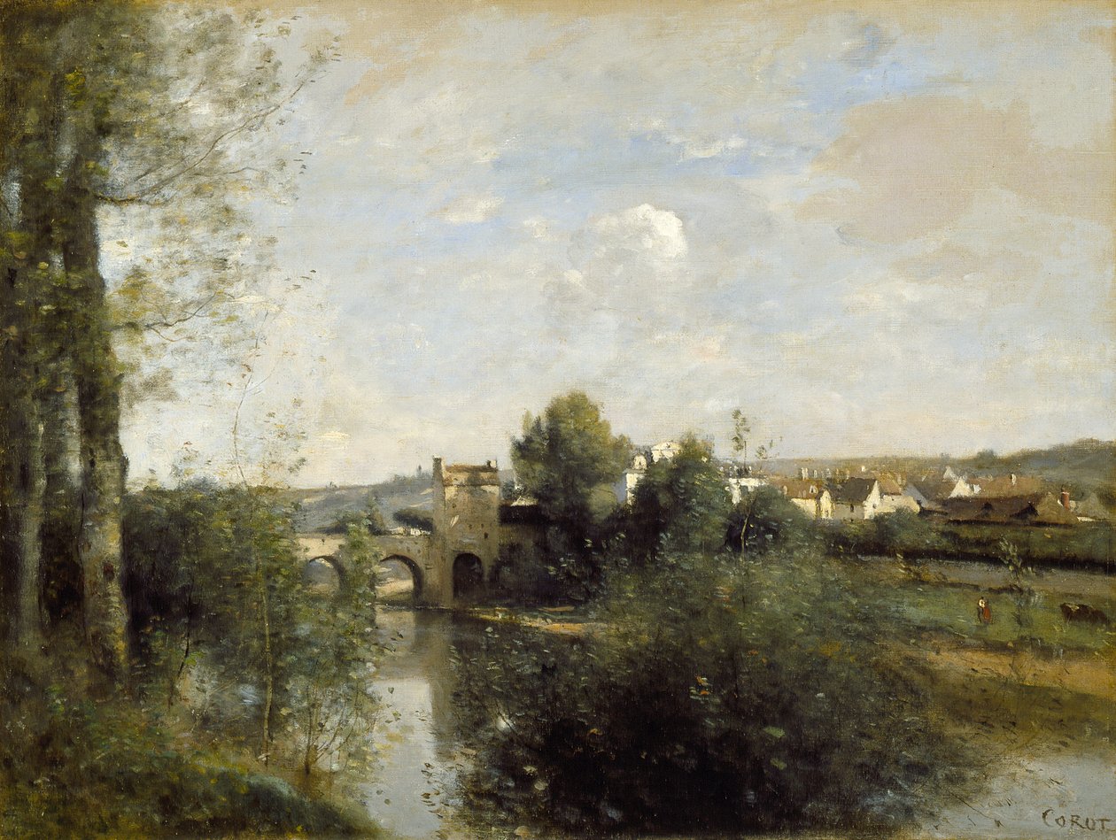 Seine en Oude Brug bij Limay door Jean-Baptiste-Camille Corot