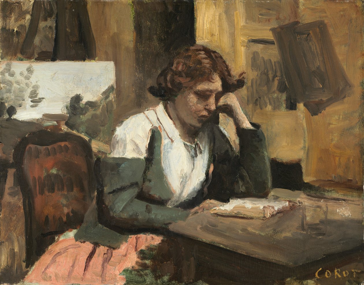 Vrouw Lezend in de Studio door Jean-Baptiste-Camille Corot