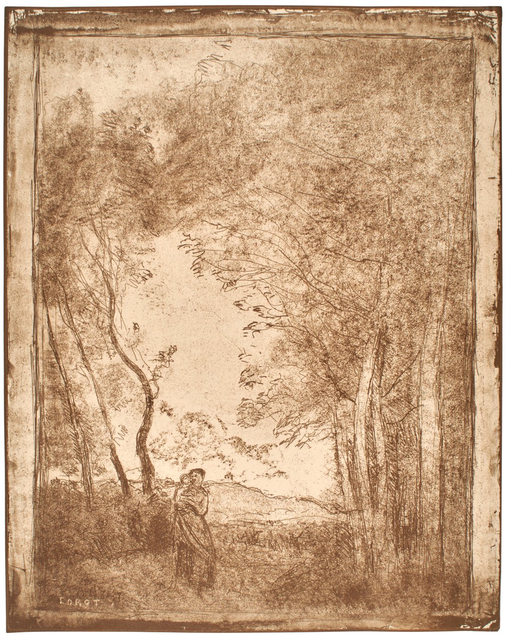 Jonge moeder bij de ingang van een bos door Jean-Baptiste-Camille Corot