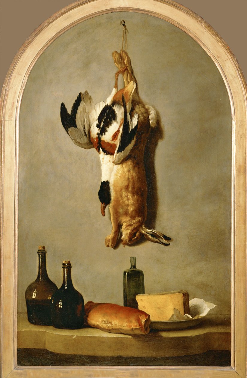 Stilleven met dode haas, eend, flessen, brood en kaas ... door Jean Baptiste (school of) Oudry