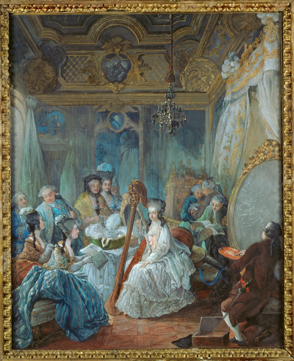 Marie-Antoinette in haar appartementen in Versailles, omringd door leden van haar hof ... door Jean-Baptiste Andre Gautier Dagoty