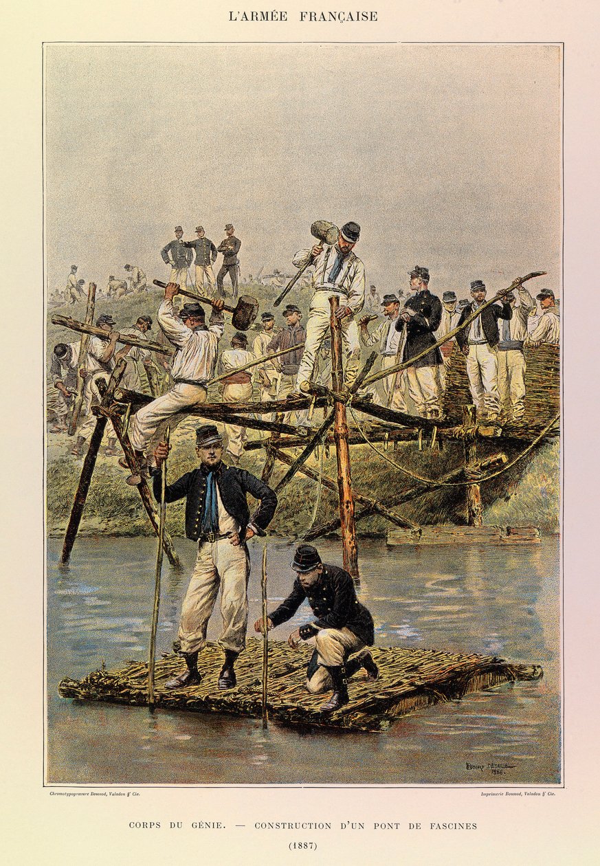 Typen en uniformen van het Franse leger van Kapitein Jules Richard, geïllustreerd door Edouard Detaille: Genie; Bouw van een fascinebrug in 1887, Privécollectie door Jean Baptiste Edouard Detaille
