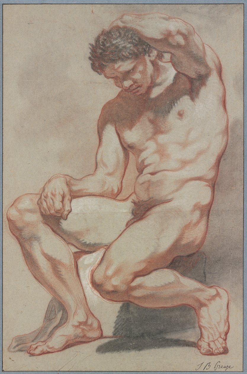 Zittend mannelijk naakt door Jean-Baptiste Greuze