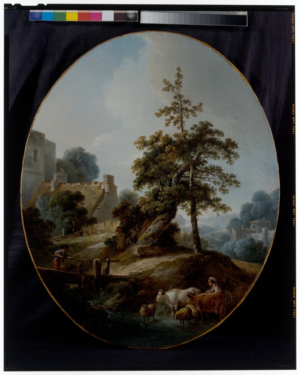Landschap met een jonge jongen en een herderin met koeien en schapen door Jean Baptiste Huet