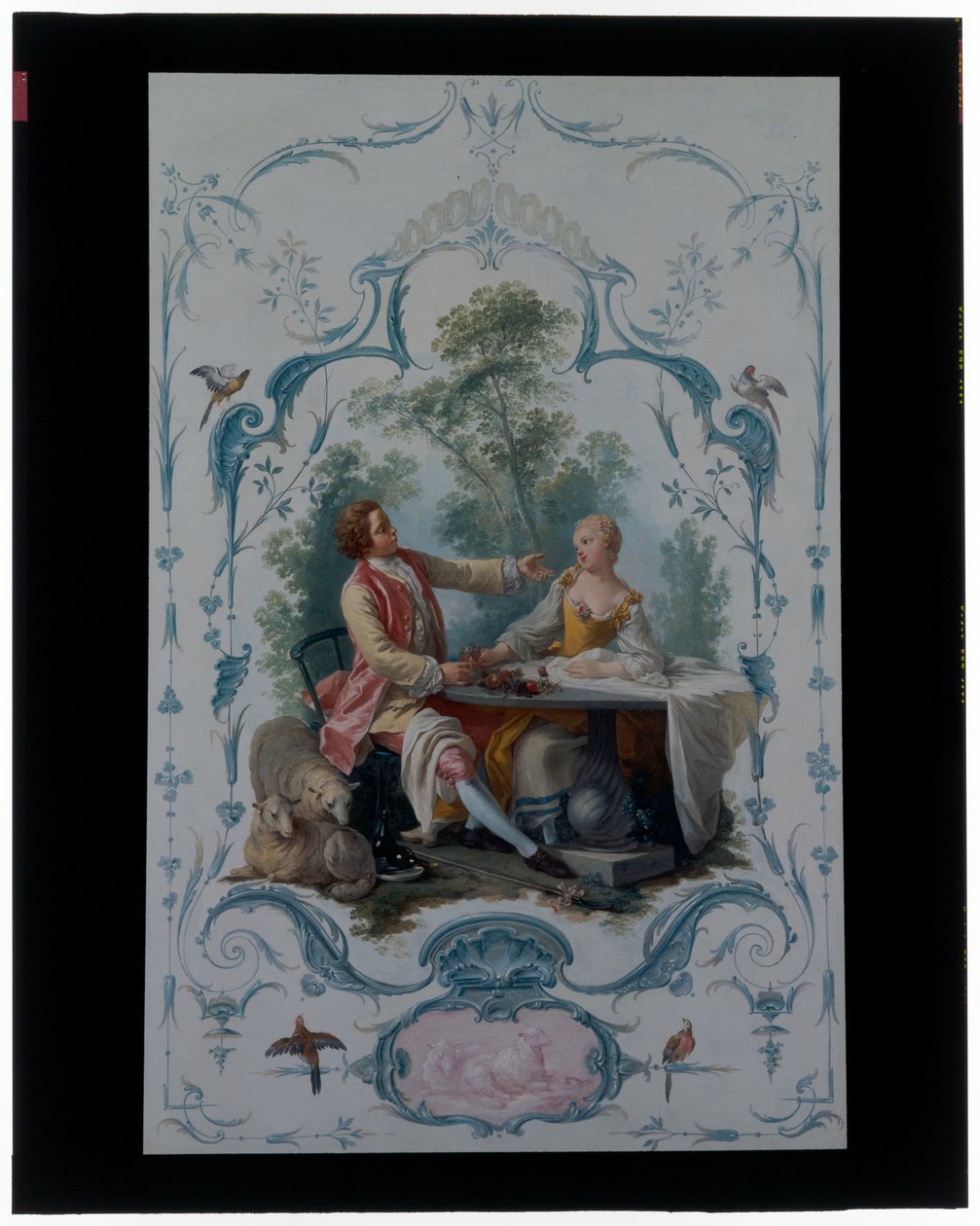 Twee Decoratieve Panelen met Paren van Geliefden Getiteld "De Picknick" en "De Toast" door Jean Baptiste Huet