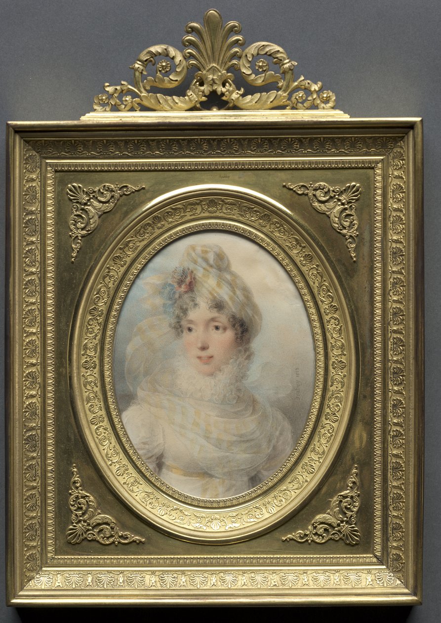 Portret van een vrouw in een witte jurk door Jean-Baptiste Isabey