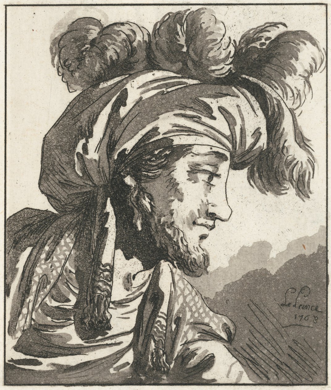 Hoofd van een man met tulband zonder snor door Jean-Baptiste Le Prince
