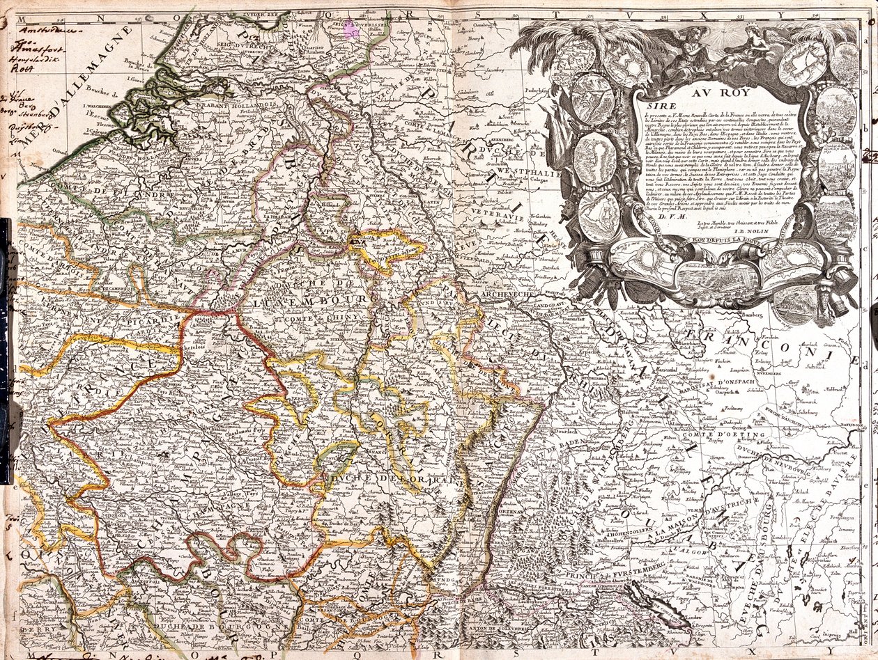 Zuid-Nederland, België, Frankrijk (Regio: Nord-Pas-de-Calais, Picardië, Île-de-France, oost Centre, noord Bourgogne, noord Fanche-Comté, Champagne-Ardenne, Lotharingen, Elzas), Zwitserland (Kanton: Jura, Basel-Stadt, Basel-Lapd, Solothurn, Aargau, Zürich,  door Jean-Baptiste Nolin