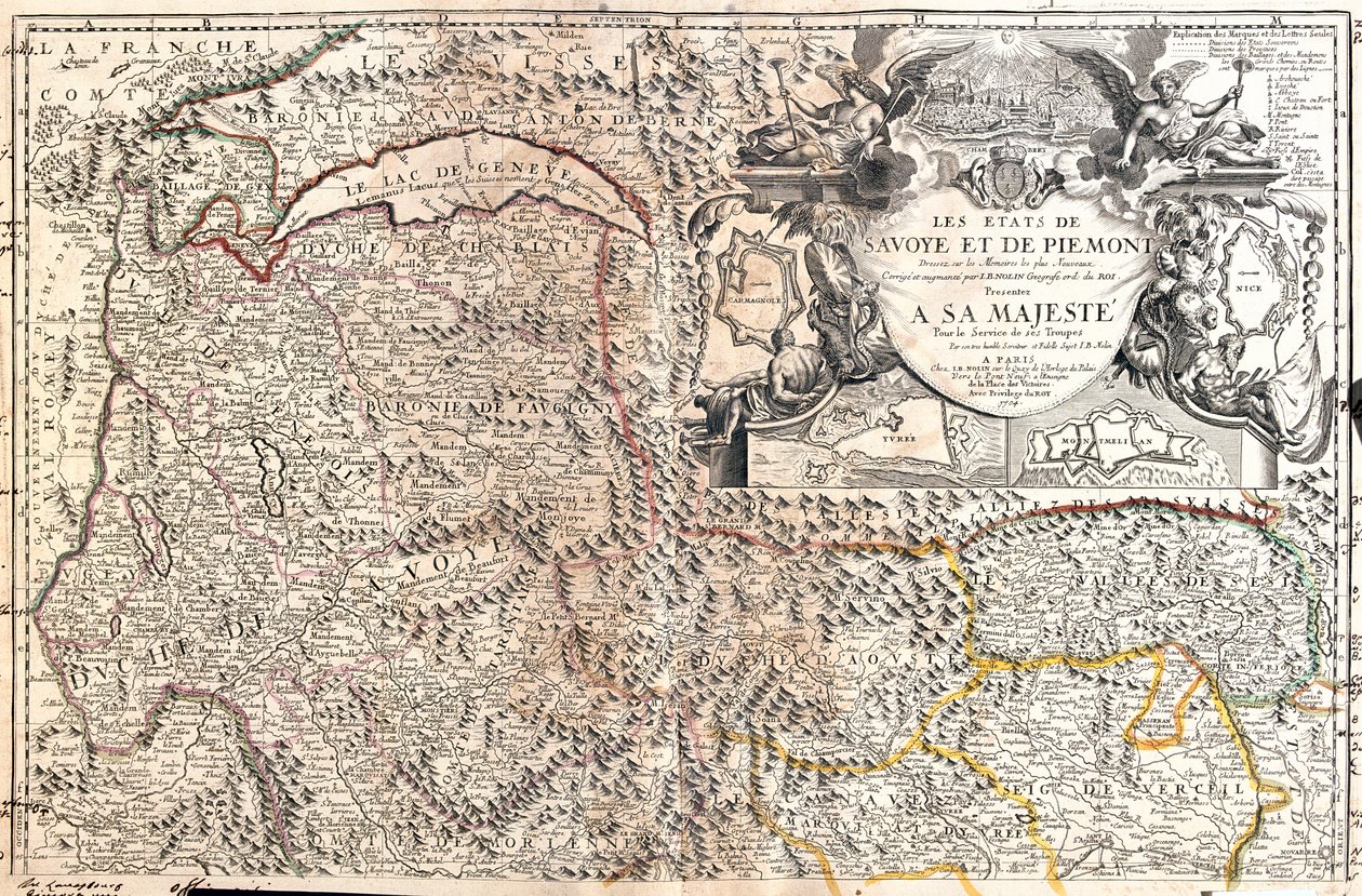 Zwitserland (Kanton: Vaud, Wallis), Italië (Regio: Aostadal, Piemonte), Frankrijk (Regio: Franche-Comté, Rhône-Alpes) door Jean Baptiste Nolin