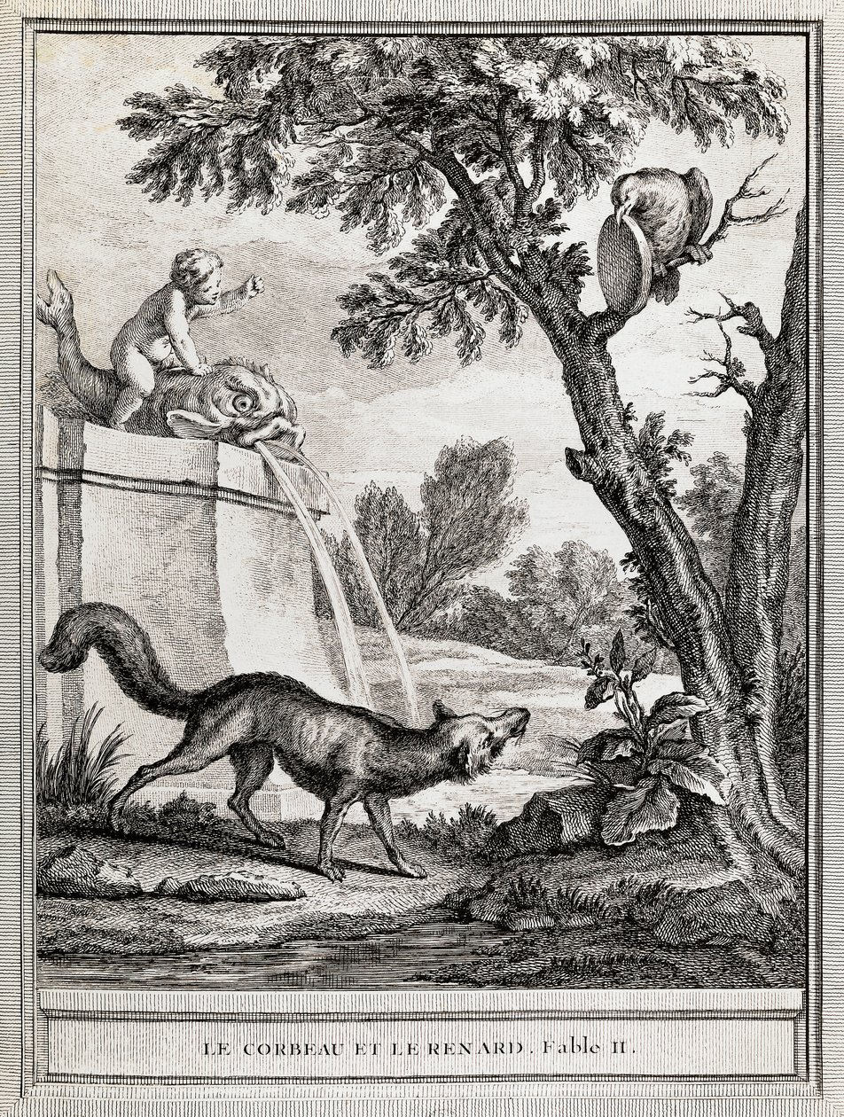 De Kraai en de Vos, illustratie van Jean-Baptiste Oudry voor de fabel van Jean de La Fontaine door Jean Baptiste Oudry