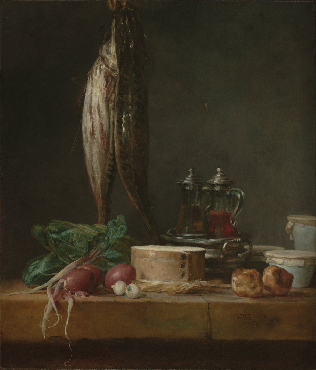 Stilleven met vis, groenten, gougÃ¨res, potten en Cruets op een Tafel door Jean-Baptiste Simeon Chardin