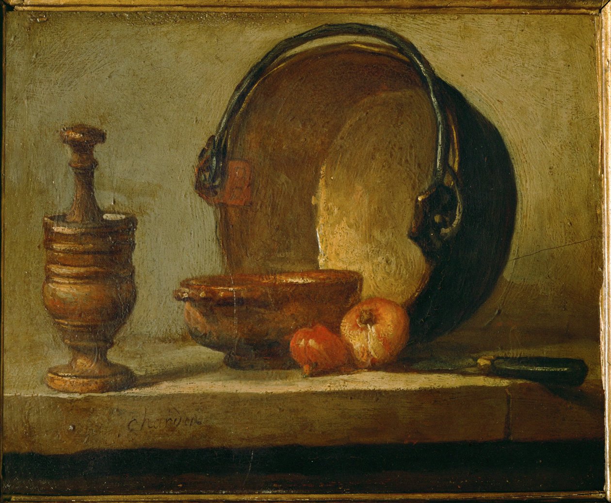 De koperen ketel ... (olieverf op doek) door Jean Baptiste Simeon Chardin