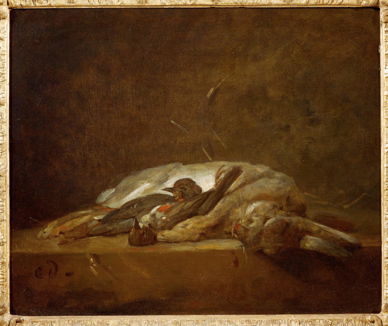 een haas, twee dode lijsters (schilderij op doek) door Jean-Baptiste Simeon Chardin