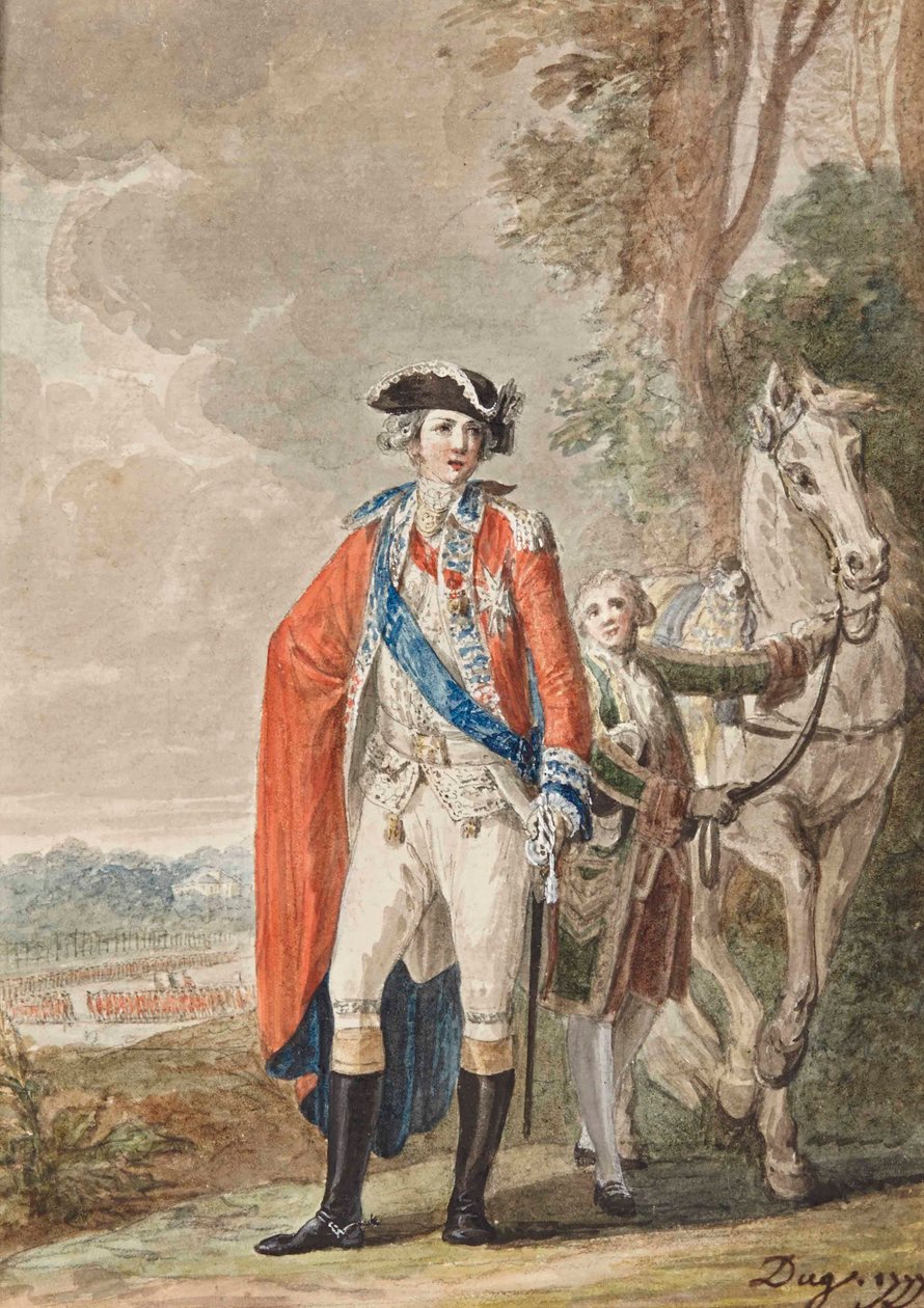 De graaf van Artois in uniform (1757-1836), een bediende houdt zijn paard vast door Jean-Desmosthene Dugourc