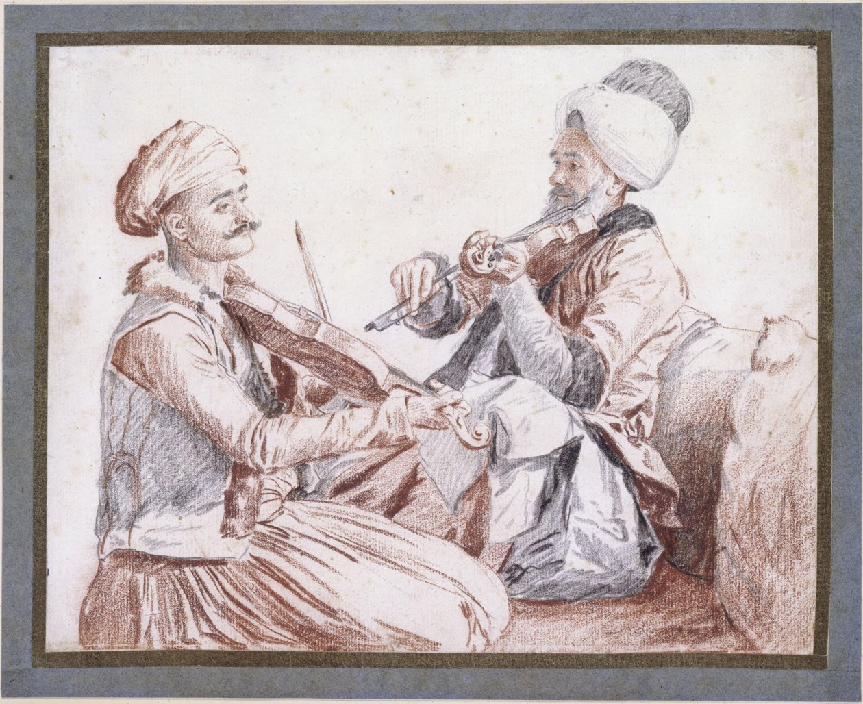 Twee Turkse muzikanten met violen door Jean-Étienne Liotard