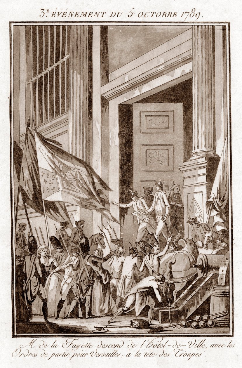 Franse Revolutie - La Fayette verlaat het stadhuis van Parijs om naar Versailles te gaan, 5 oktober door Jean Francois Janinet