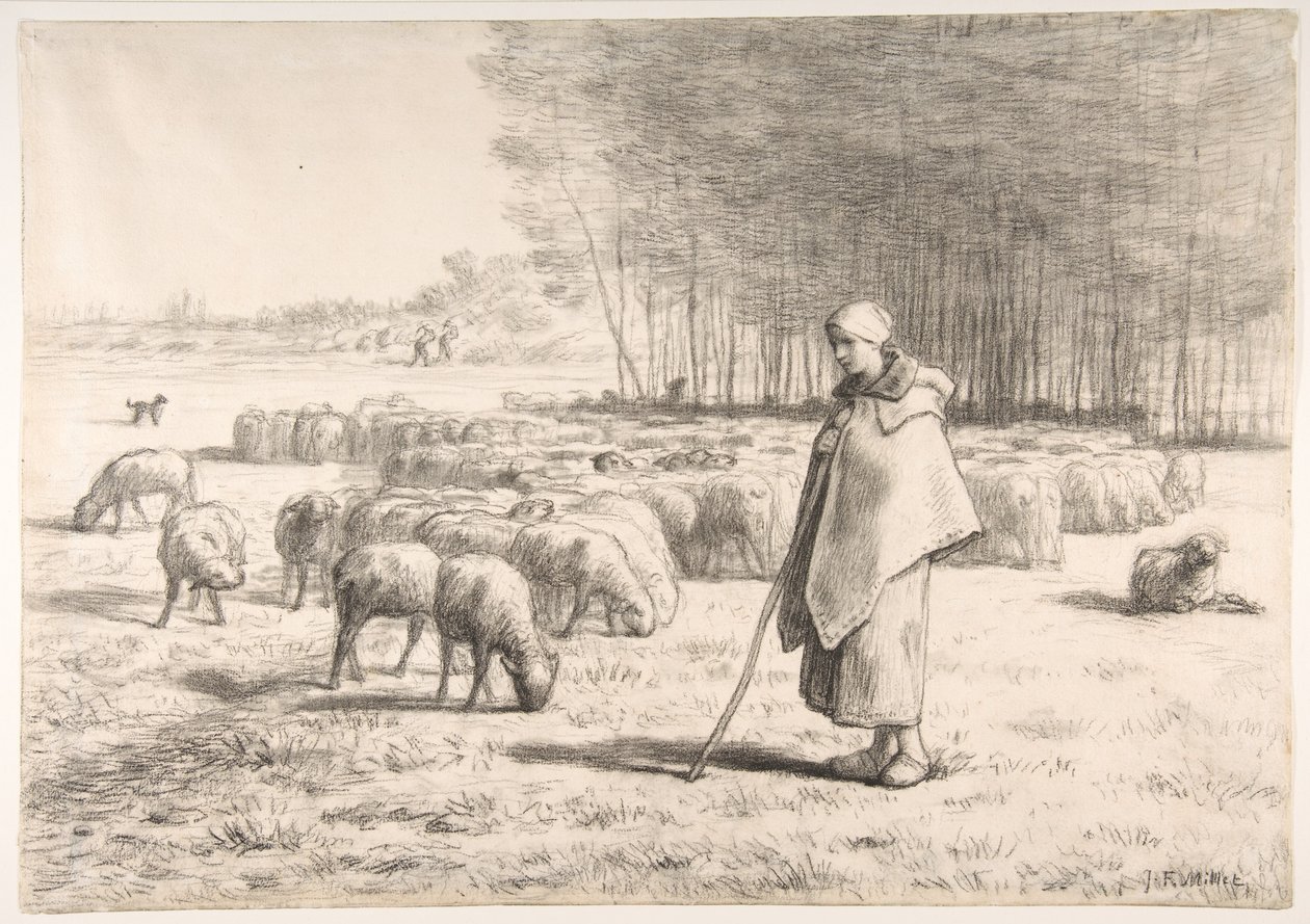 Een herderin met haar kudde door Jean-Francois Millet