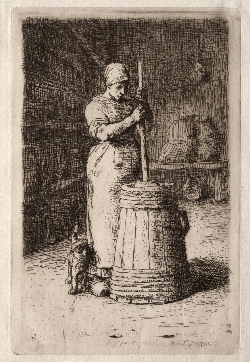 Een vrouw aan het karnen (ets) door Jean-Francois Millet