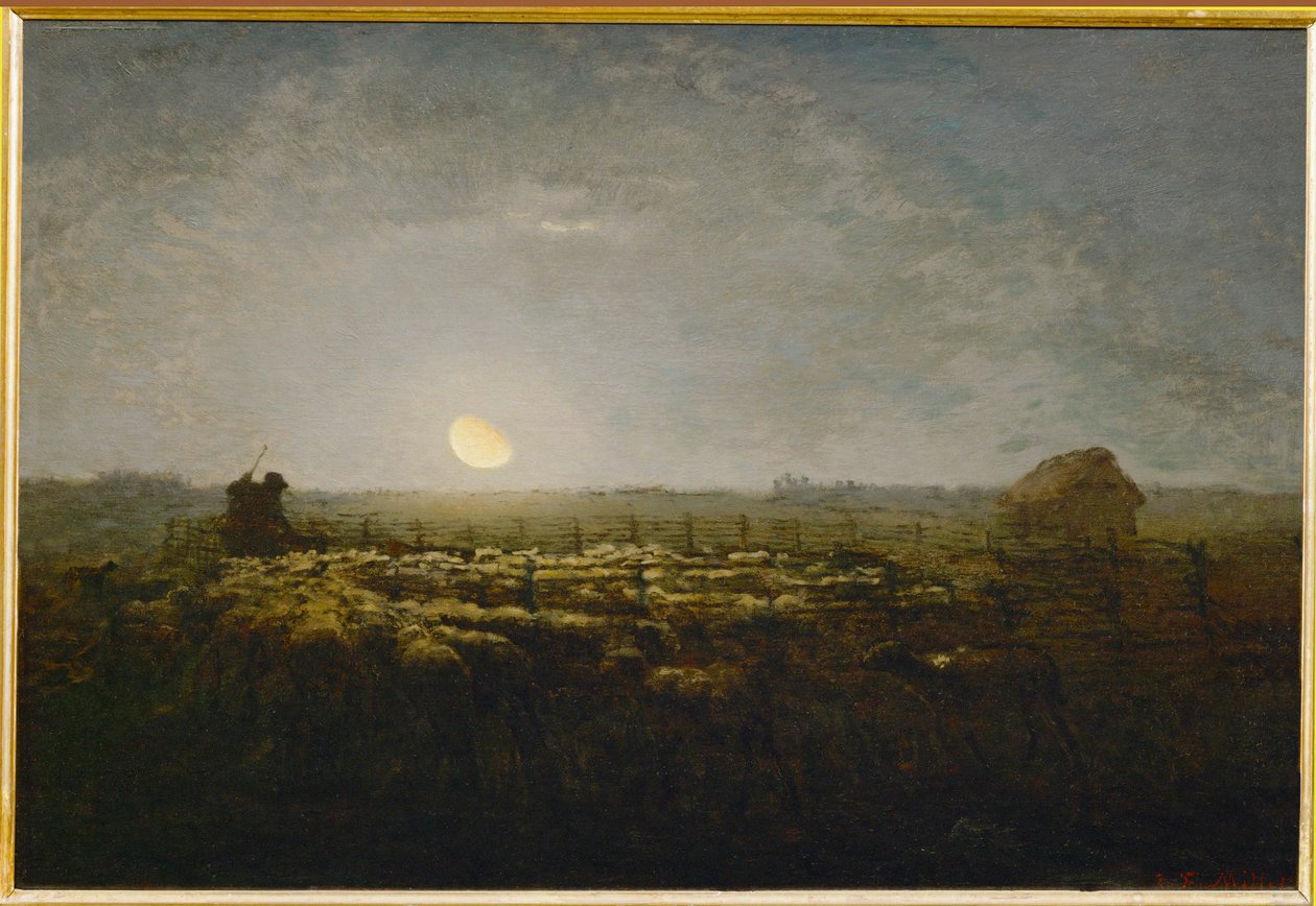 Le parc a mouton, clair de lune (schilderij op doek) door Jean-Francois Millet