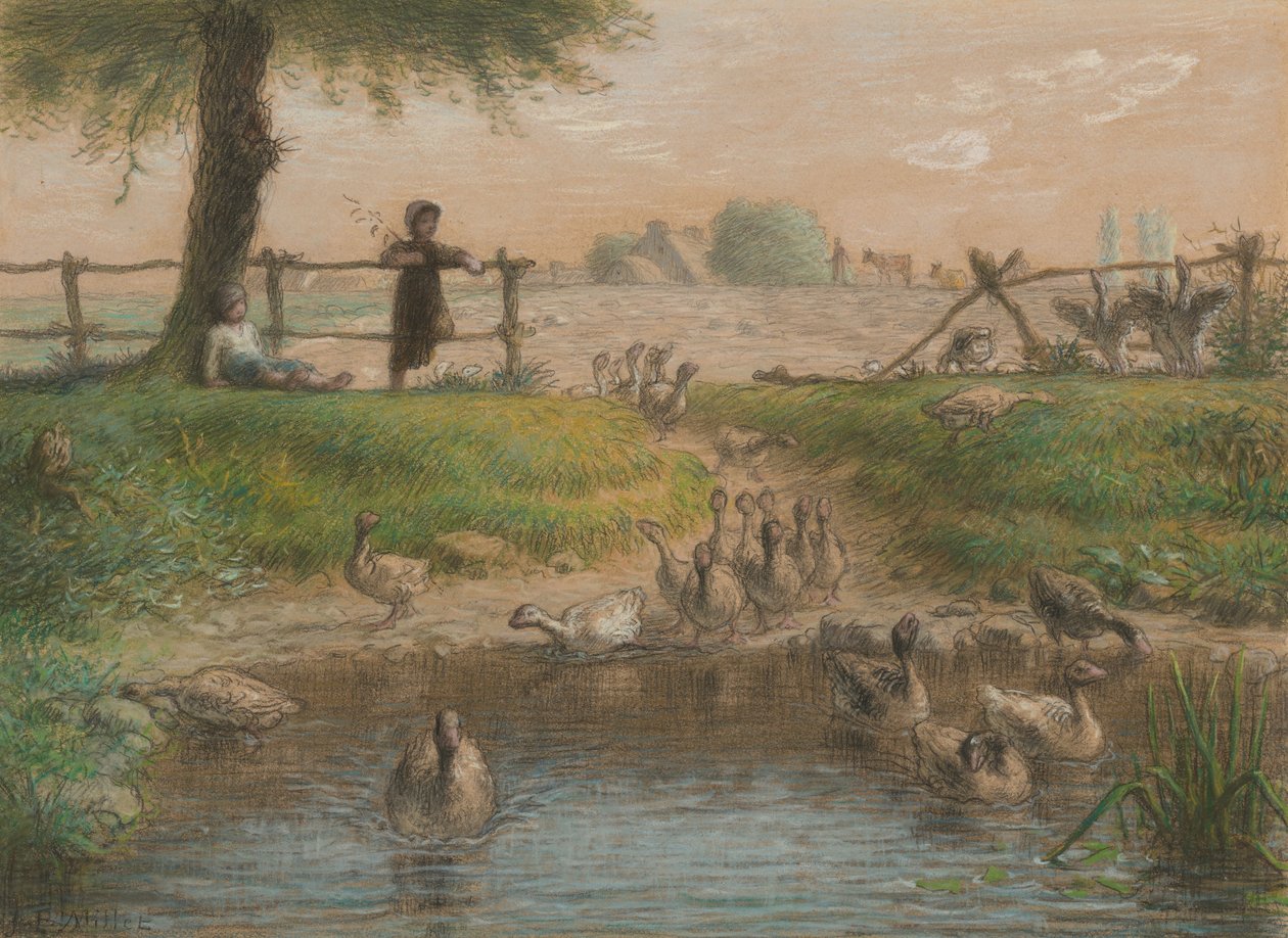 Boerenkinderen bij de ganzenvijver door Jean-Francois Millet