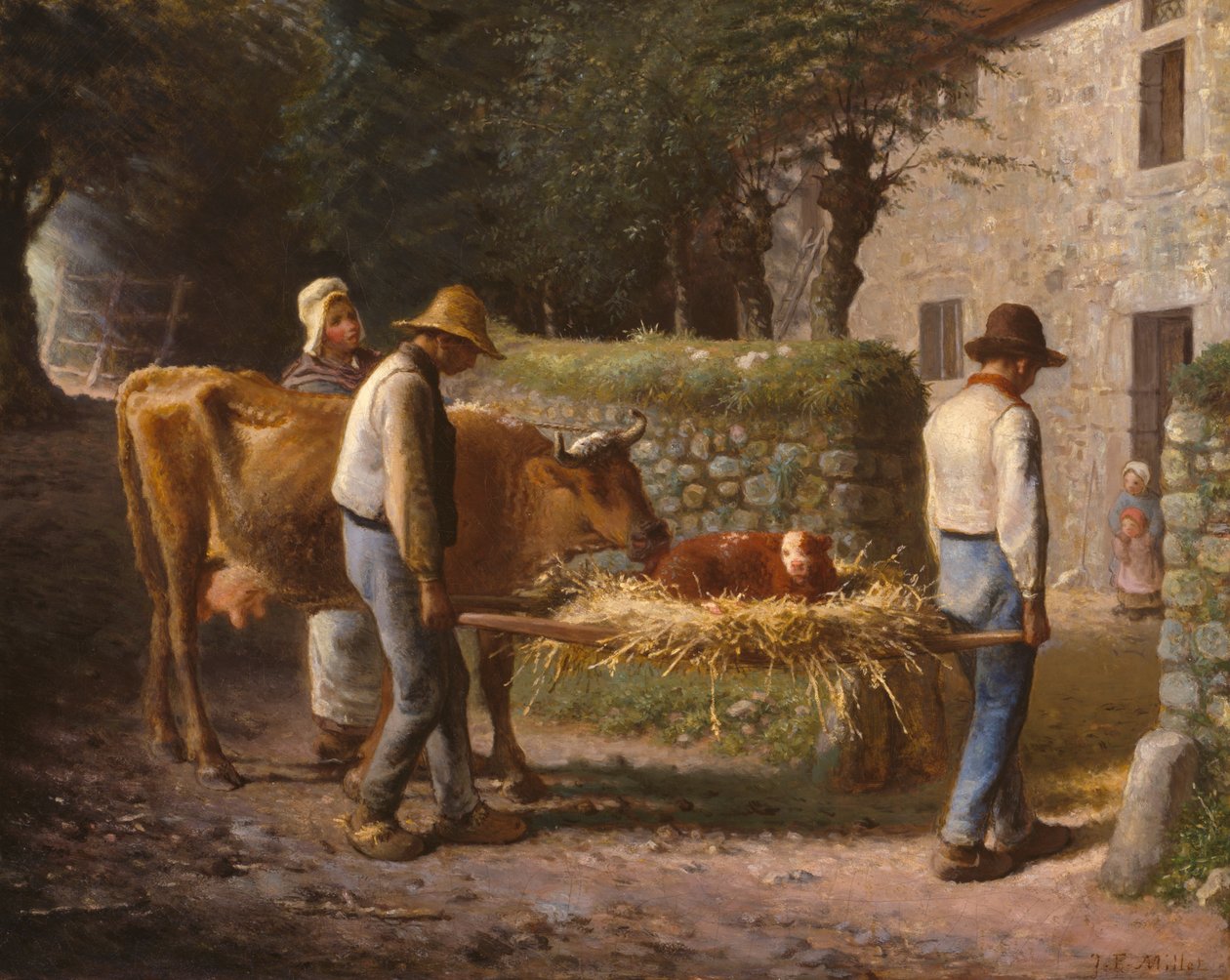 Boeren brengen een kalf geboren in het veld naar huis door Jean-Francois Millet