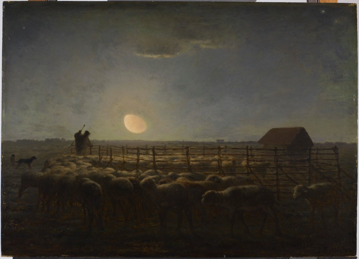 De schaapskooi, maanlicht door Jean-Francois Millet