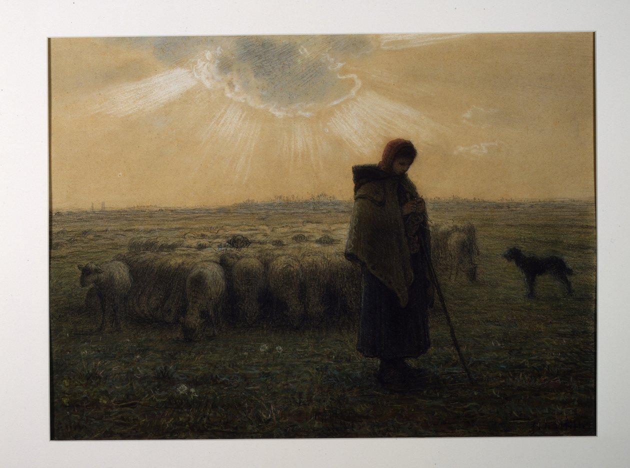 De herderin en haar kudde door Jean-Francois Millet