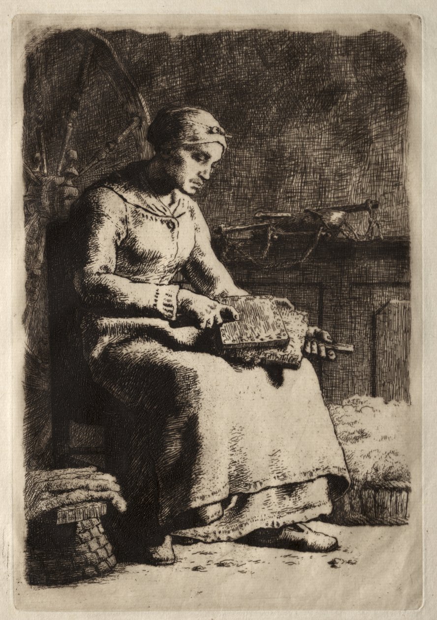 Vrouw die Wol Kaart door Jean-Francois Millet