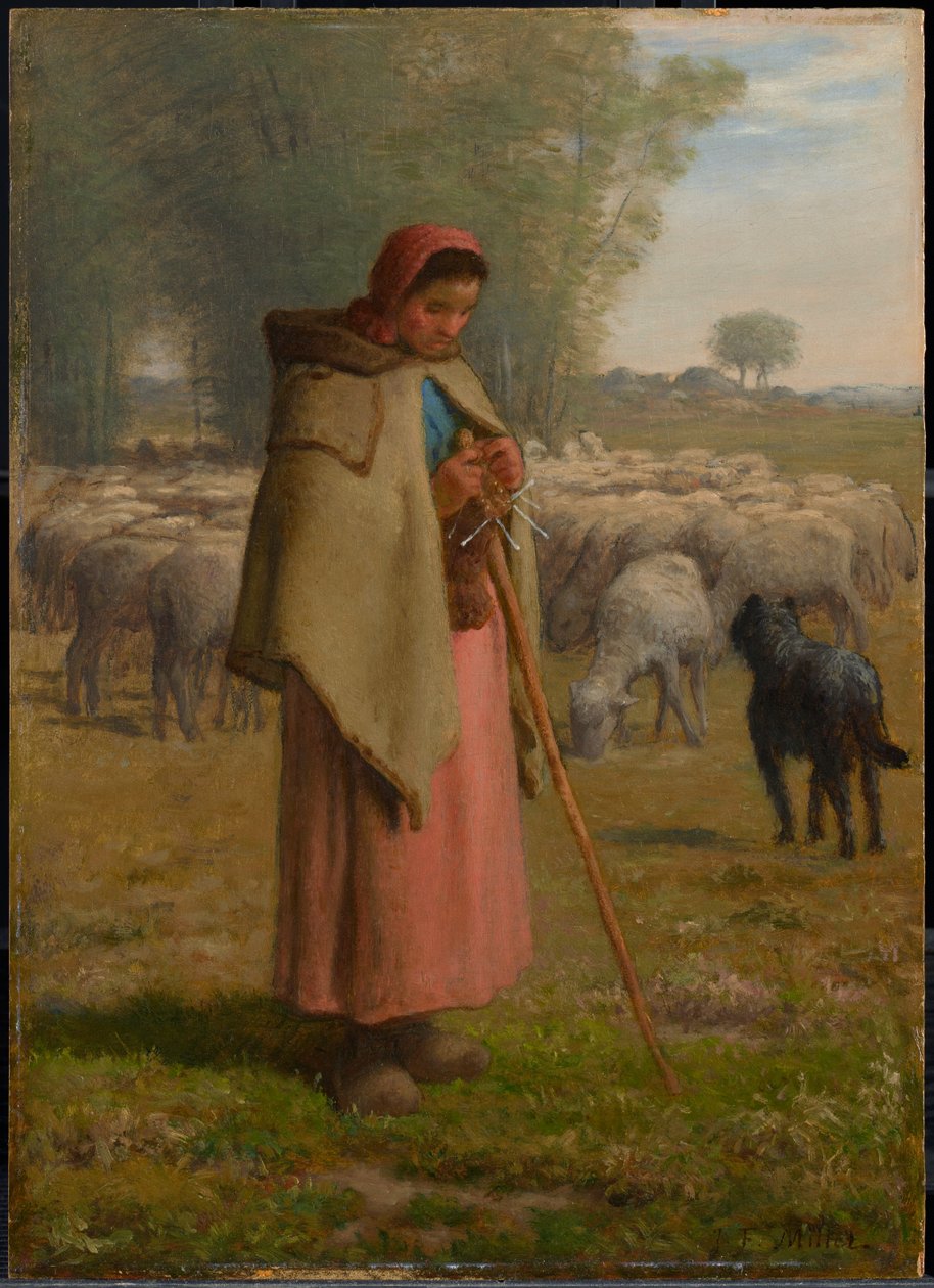 Jong meisje dat haar schapen hoedt door Jean-Francois Millet