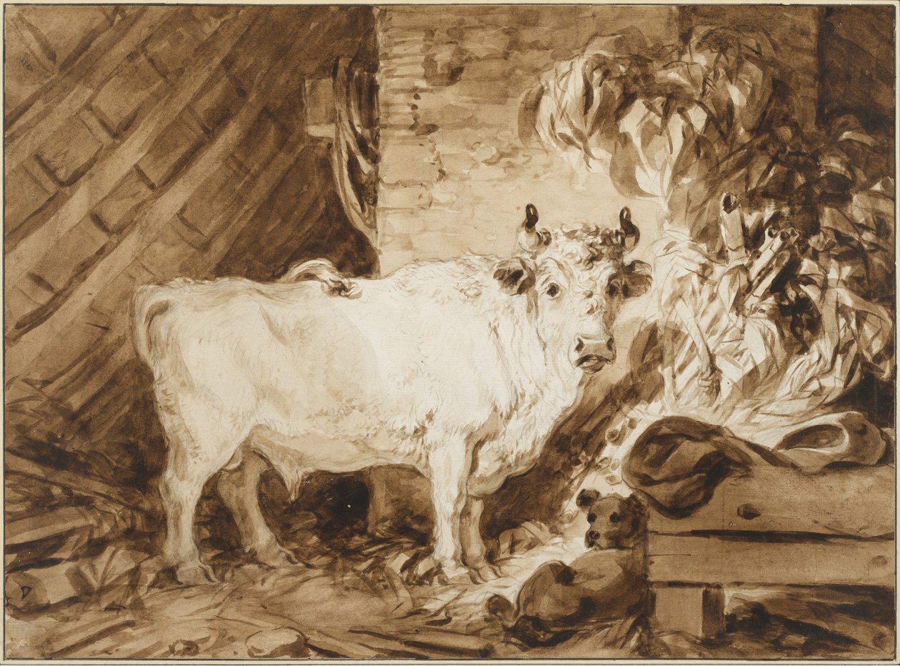 Witte Stier en een Hond in een Stal door Jean Honore Fragonard