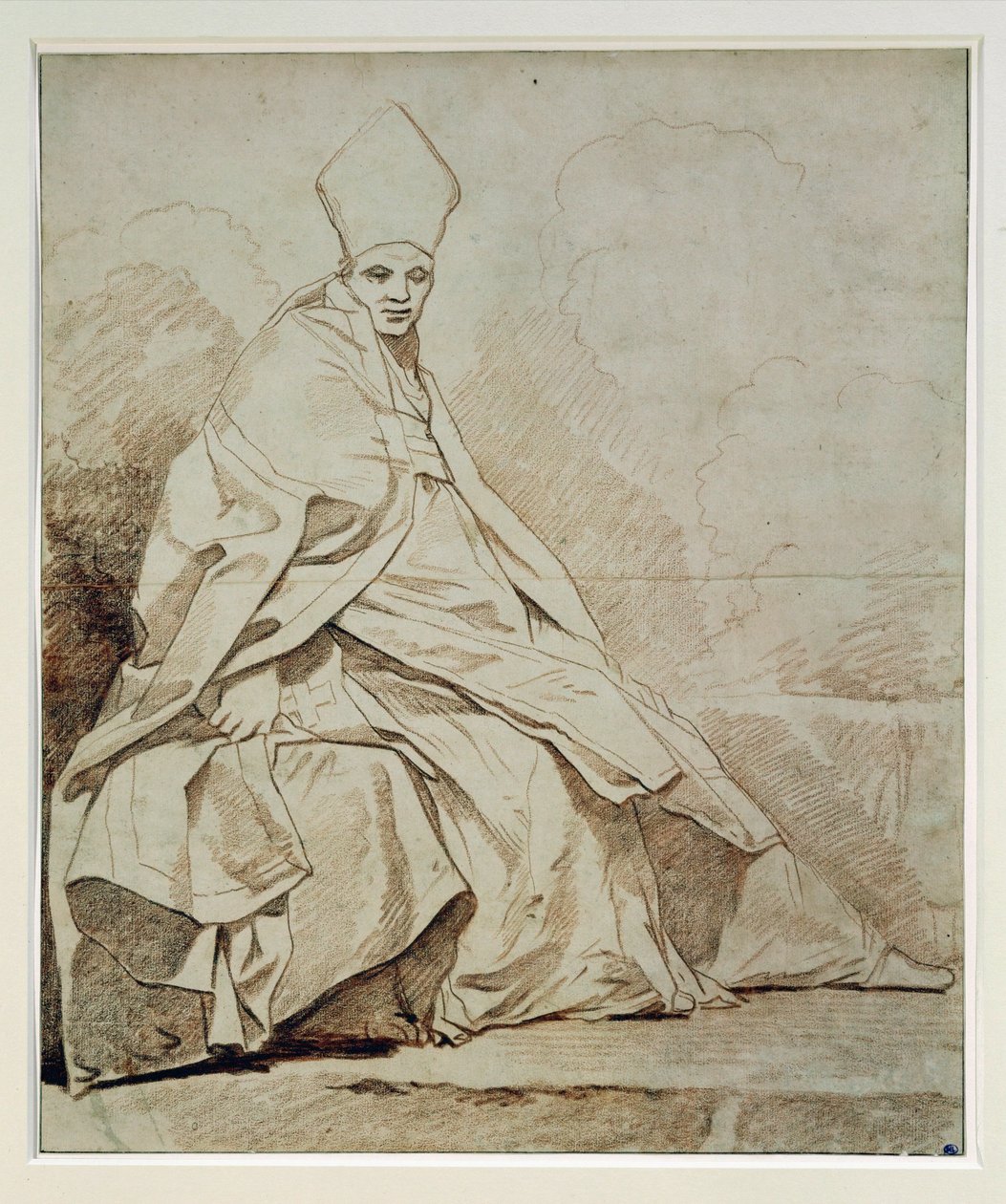 Studie van een gedrapeerde figuur in een kerkelijk kostuum ... door Jean-Honore Fragonard