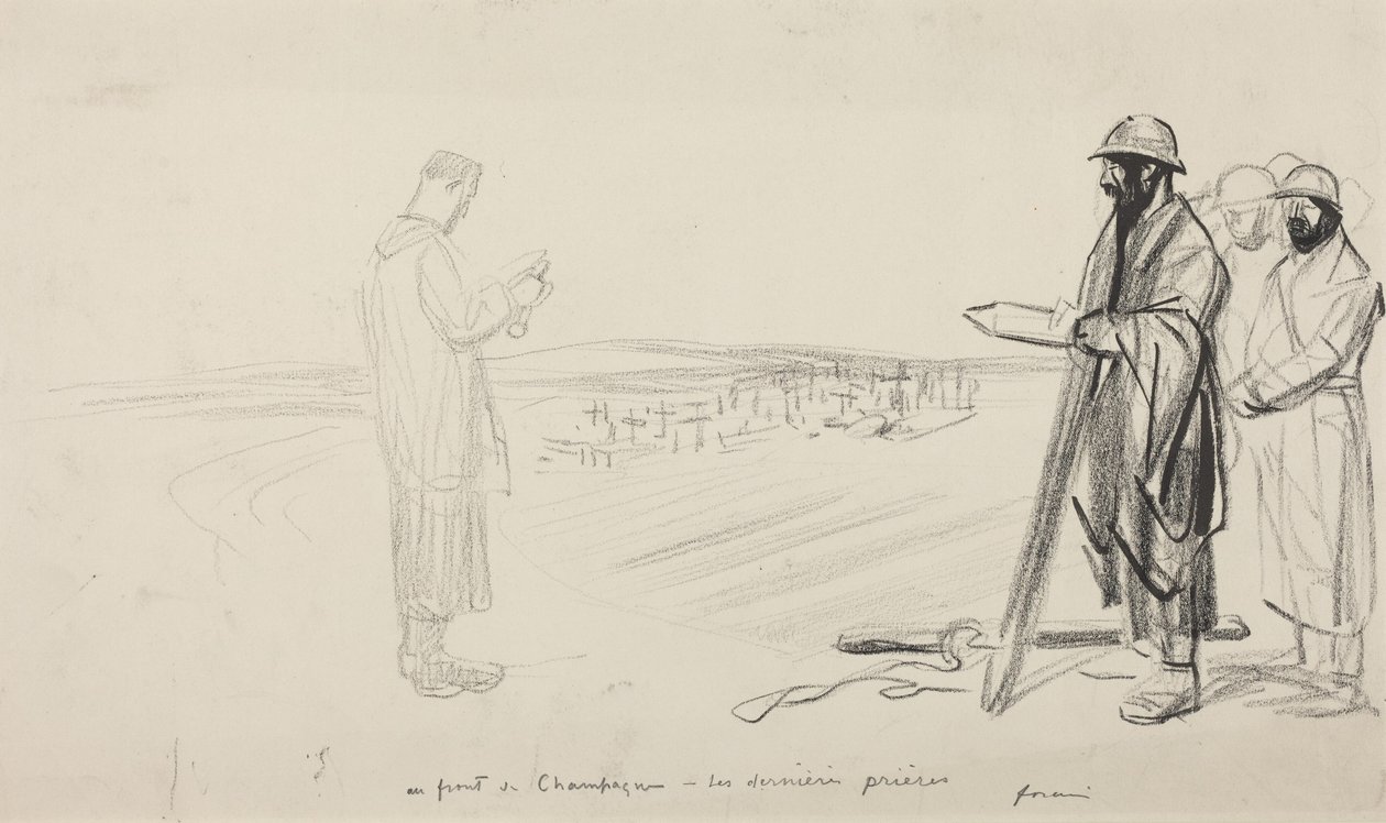 Aan het Champagnefront - De laatste gebeden, c.1914-1919 (zwarte inkt op papier) door Jean-Louis & Caran D