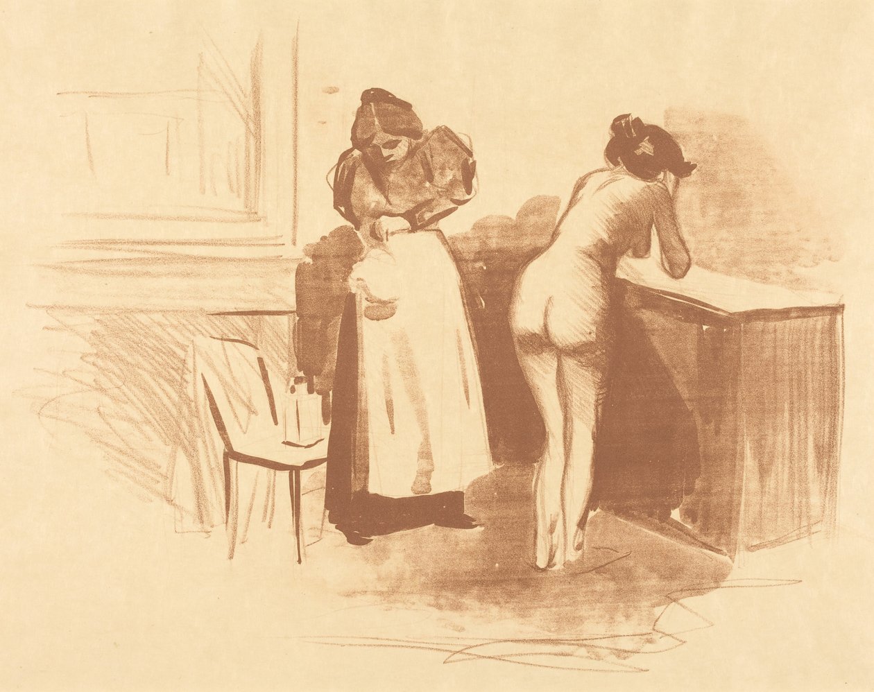 De wrijving met de handschoen van ruw haar (plaat met wassing en lijntekening) (The Massage with Coarse Hair Glove) (Wash and Line plate) door Jean-Louis Forain