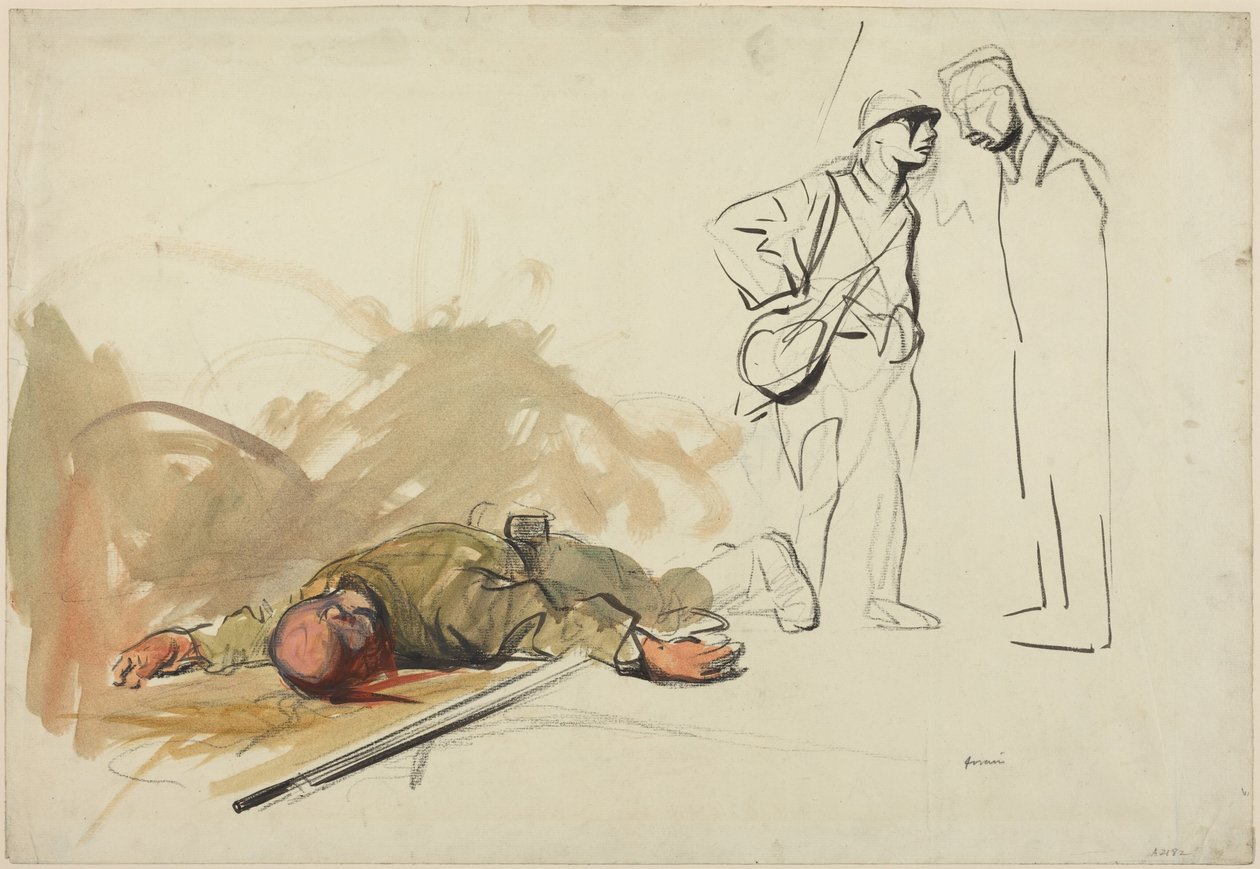 a) Dode Duitse soldaat (voorkant); b) Hoofd van een soldaat (achterkant) door Jean-Louis Forain