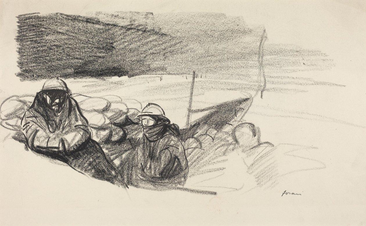 a) Twee soldaten in een loopgraaf (recto); b) Interieur met figuren zittend achter een tafel (verso) door Jean-Louis Forain